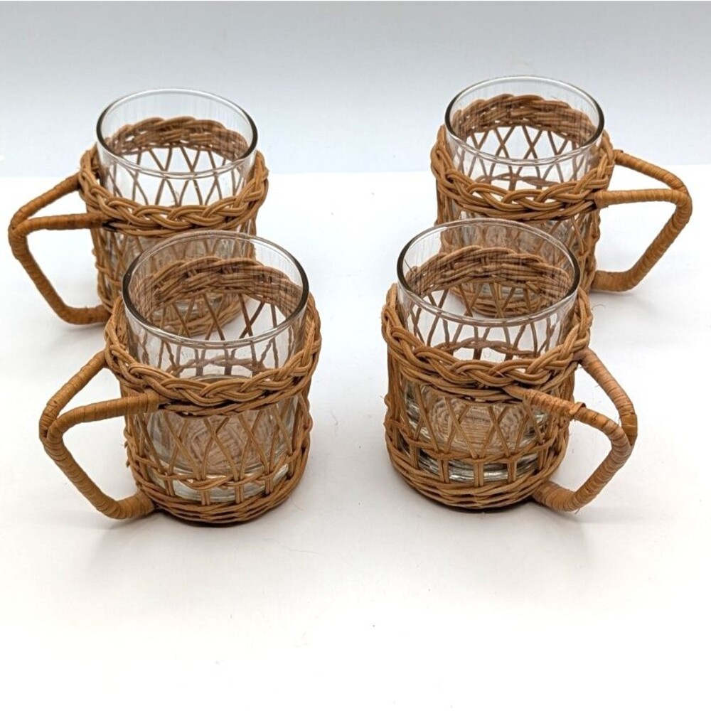 VTG 4-Set Hand Woven Wicker Rattan Cover Handled Holder Mug Glass Cup Insert Set